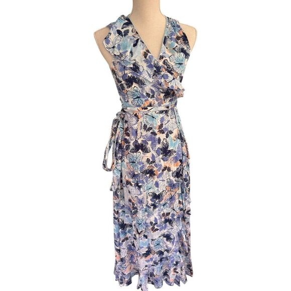 Poupette St Barth Gwen Wrapped Blue Mariposa Butterfly Flutter Maxi Dress S - Picture 1 of 7